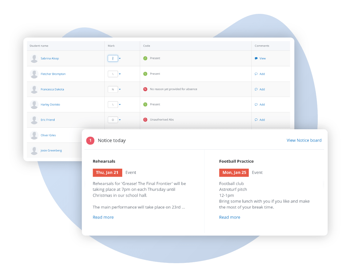 Image of Satchel One's Attendance Pro software and Notice Board feature